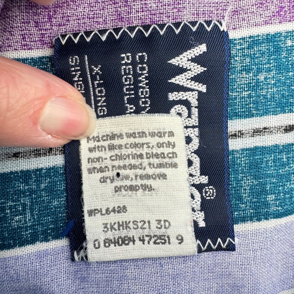 Wrangler Western Brushpopper Shirt Mens 17.5 Teal Purple Striped Cowboy Cut - Picture 6 of 10